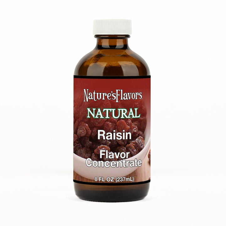 An 8 fl oz amber glass bottle of Nature's Flavors Raisin Flavor Concentrate Without Diacetyl with a white cap, centered on a white background.