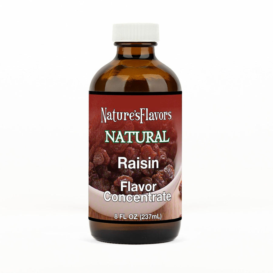 An 8 fl oz amber glass bottle of Nature's Flavors Raisin Flavor Concentrate Without Diacetyl with a white cap, centered on a white background.