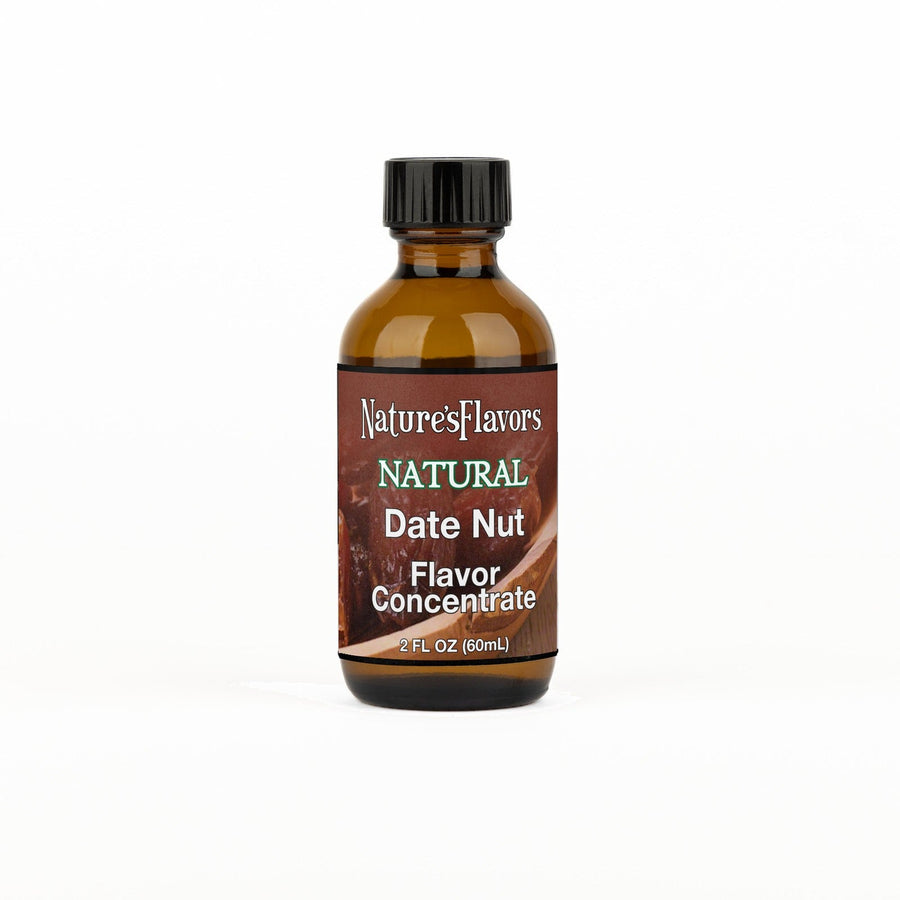 A 2 fl oz amber glass bottle of Nature's Flavors Date Nut Flavor Concentrate Without Diacetyl with a black cap, centered on a white background.