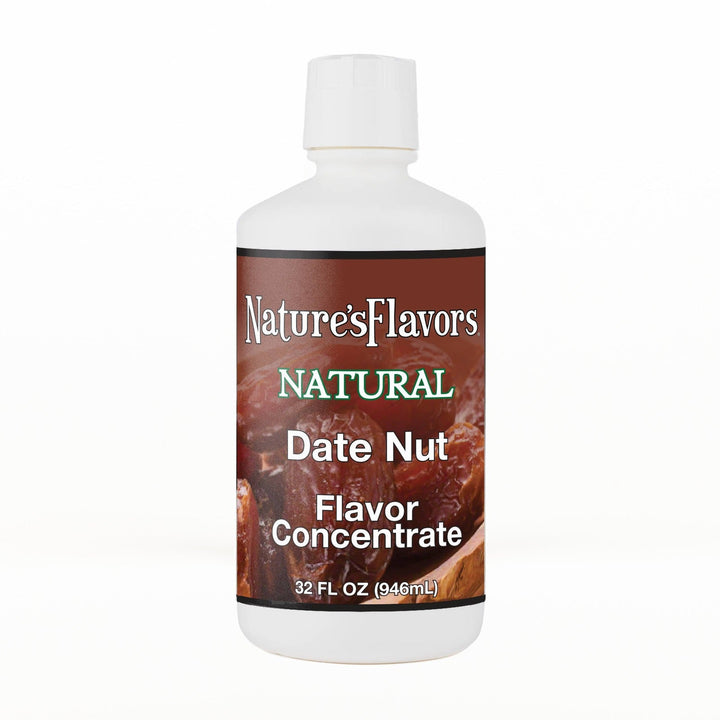 A 32 fl oz white plastic bottle of Nature's Flavors Date Nut Flavor Concentrate Without Diacetyl with a white cap, centered on a white background.