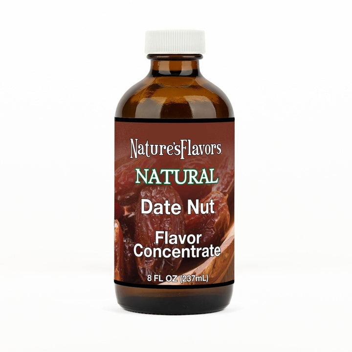 An 8 fl oz amber glass bottle of Nature's Flavors Date Nut Flavor Concentrate Without Diacetyl with a white cap, centered on a white background.