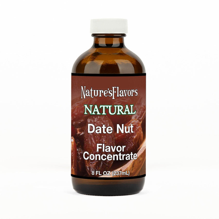 An 8 fl oz amber glass bottle of Nature's Flavors Date Nut Flavor Concentrate Without Diacetyl with a white cap, centered on a white background.