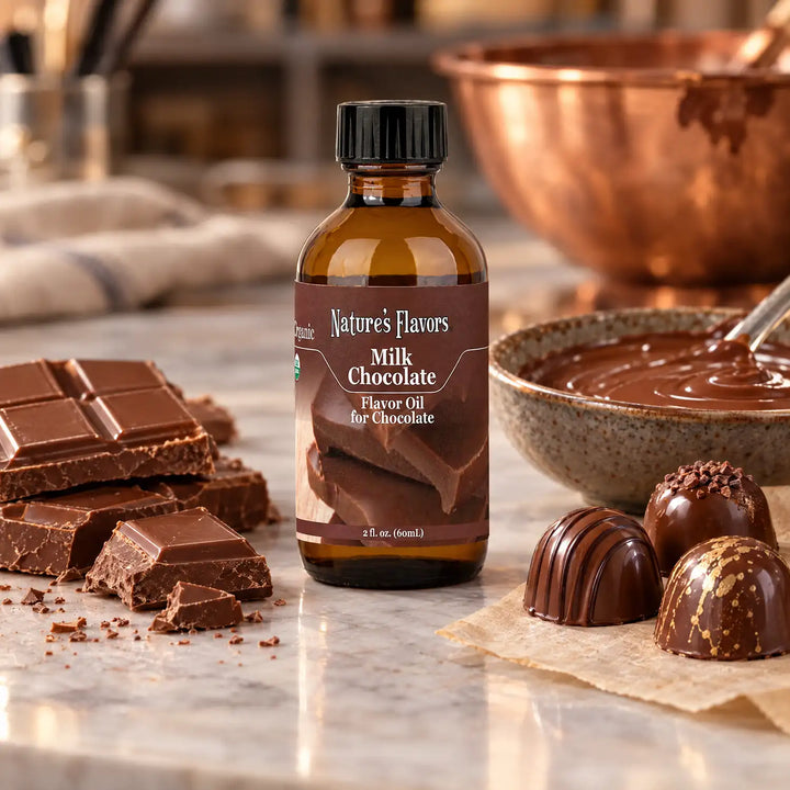 Nature's Flavors Organic Milk Chocolate Flavor Oil For Chocolate, 2-ounce bottle, with milk chocolate and chocolate bonbons.