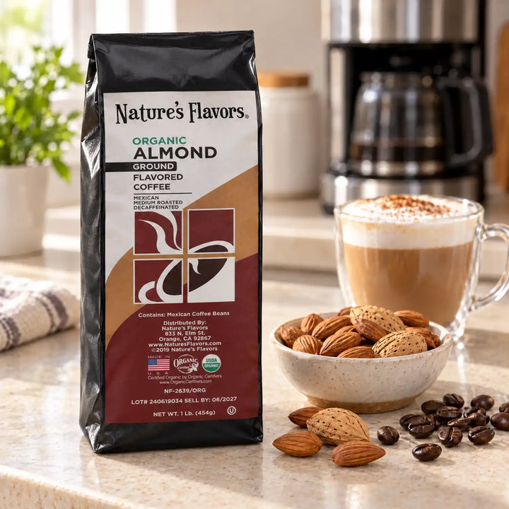 Nature’s Flavors Organic Decaf Almond Flavored Coffee Beans, 1 lb. Ground, in a black labeled bag beside almonds, whole roasted coffee beans and a filled coffee drink in a bright coffee scene.