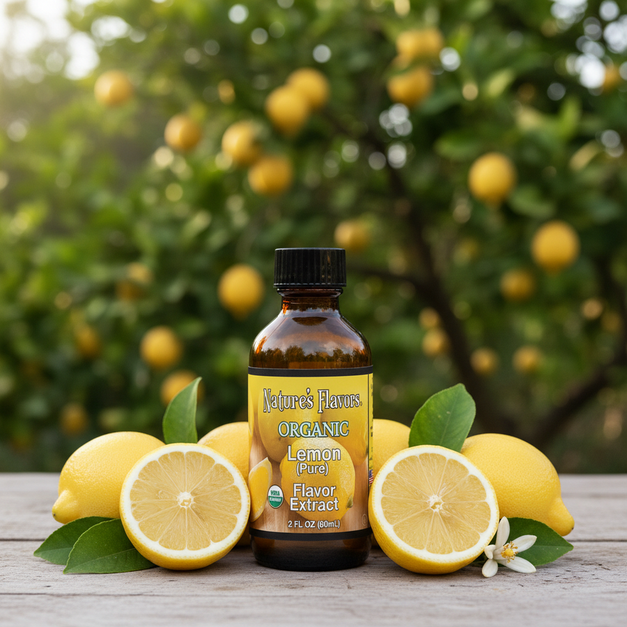 Bottle of Nature's Flavors Organic Lemon Pure Flavor Extract with lemons on a wooden surface and lemon tree in the background.