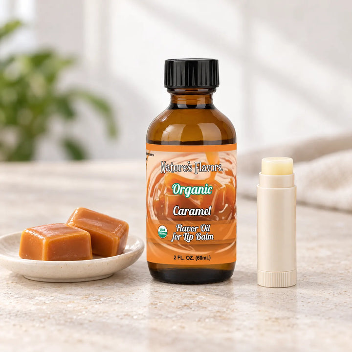Nature's Flavors Organic Caramel Flavor Oil for Lip Balm, 2 oz amber bottle with flavor-matched ingredients and an open lip balm.