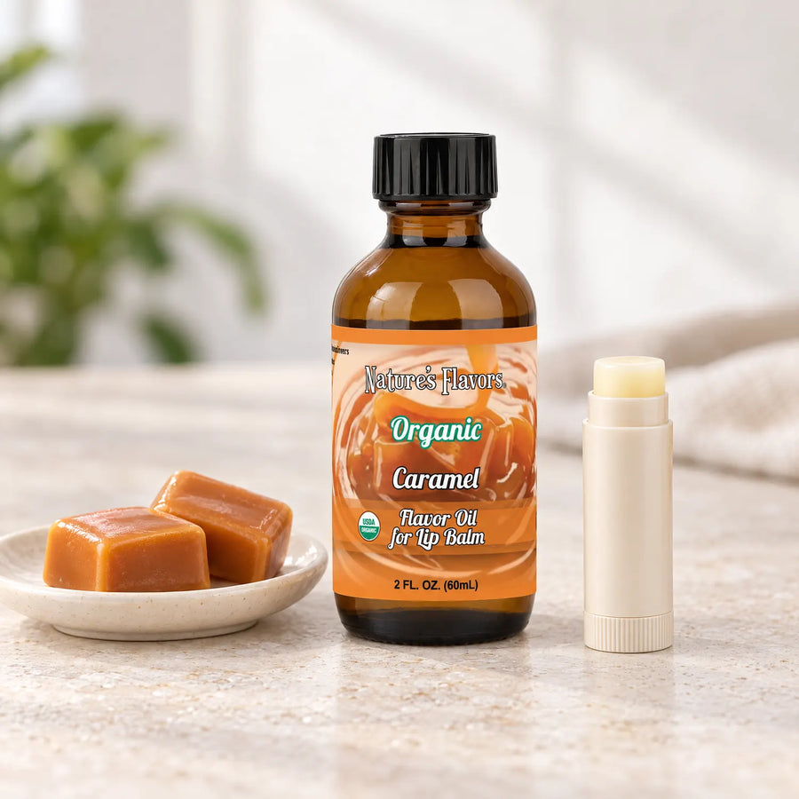 Nature's Flavors Organic Caramel Flavor Oil for Lip Balm, 2 oz amber bottle with flavor-matched ingredients and an open lip balm.