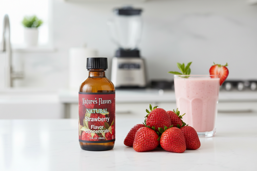 Bottle of Nature's Flavors strawberry flavor concentrate with strawberries and a smoothie in a kitchen setting.