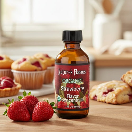 Bottle of Nature's Flavors Organic Strawberry Flavor Concentrate with strawberries and pastries on a wooden surface.