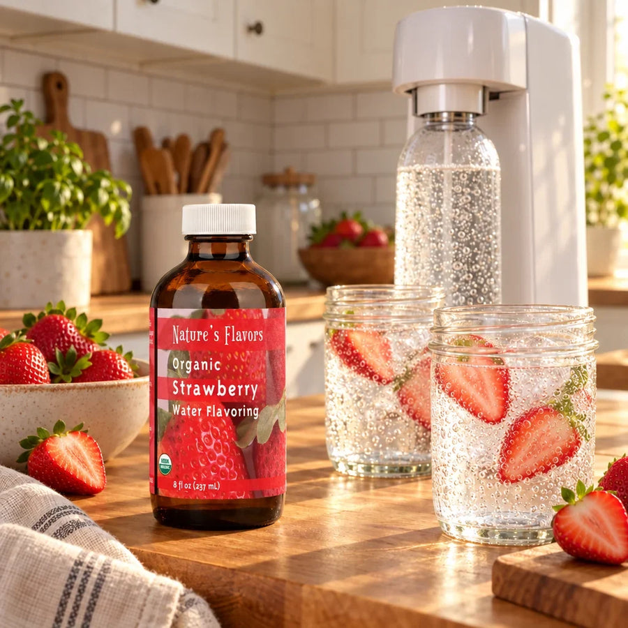 8 oz bottle of Nature's Flavors Organic Strawberry Water Flavoring in a farmhouse kitchen beside a home soda maker and glasses with strawberries