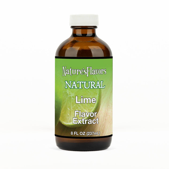 An 8 fl oz amber glass bottle of Nature's Flavors Lime Flavor Extract Without Diacetyl with a white cap, centered on a white background.