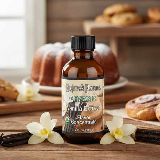 Bottle of Nature's Flavors Organic Vanilla Extract on a wooden surface with vanilla flowers and baked goods in the background.