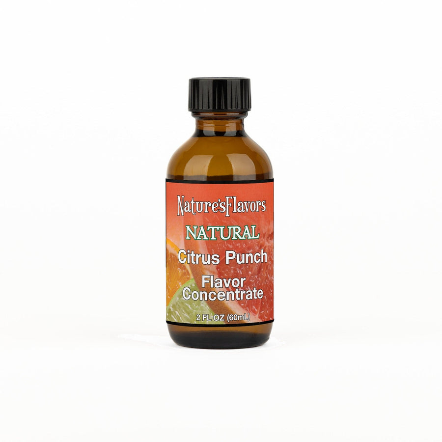 A 2 fl oz amber glass bottle of Nature's Flavors Citrus Punch Flavor Concentrate Without Diacetyl with a black cap, centered on a white background.