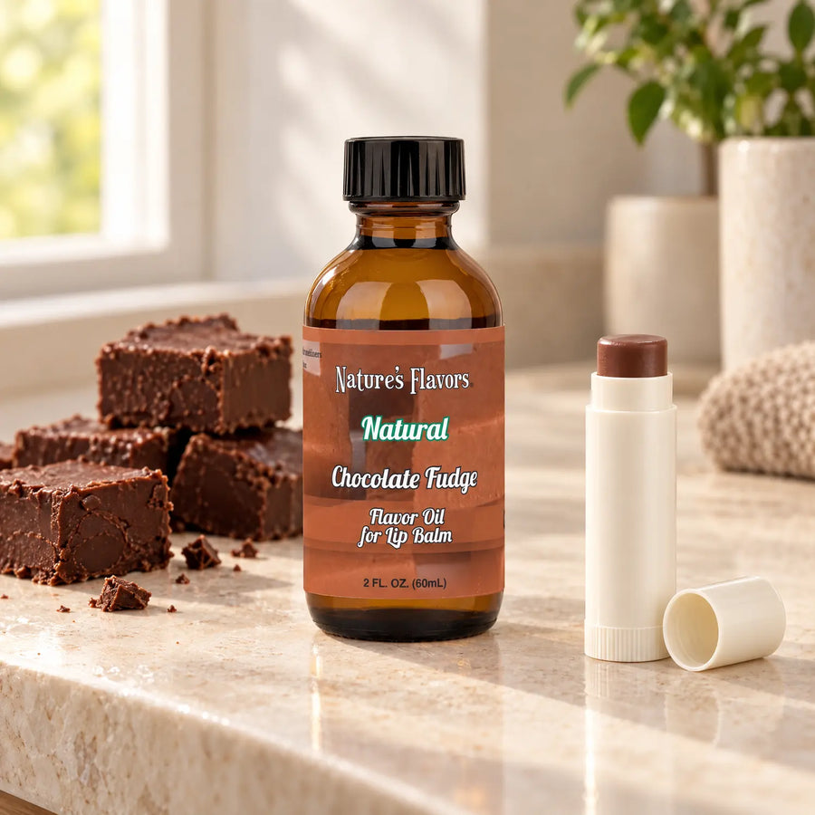 Nature's Flavors Chocolate Fudge Flavor Oil for Lip Balm, 2 oz bottle with flavor cues and an open lip-balm tube.