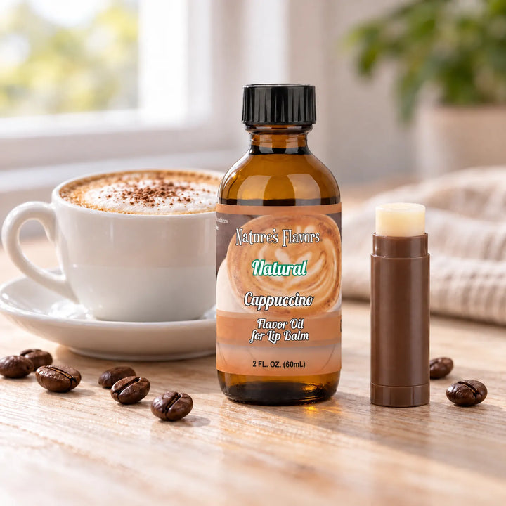 Nature's Flavors Cappuccino Flavor Oil for Lip Balm, 2 oz amber bottle with flavor-matched ingredients and an open lip balm.
