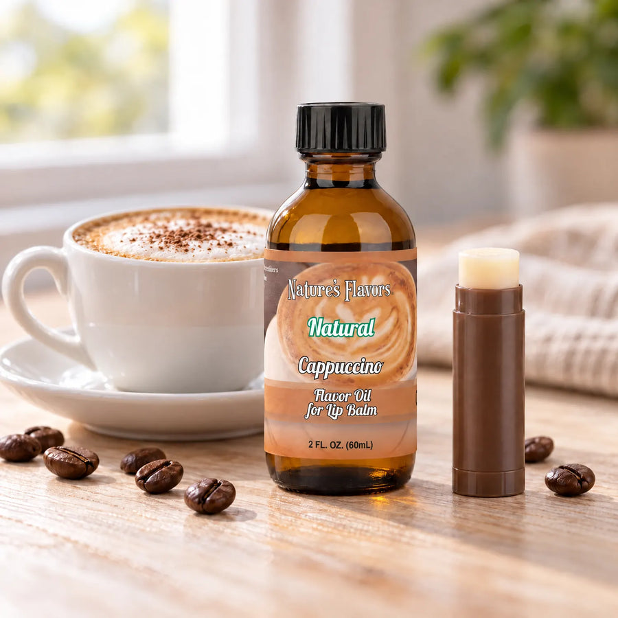 Nature's Flavors Cappuccino Flavor Oil for Lip Balm, 2 oz amber bottle with flavor-matched ingredients and an open lip balm.