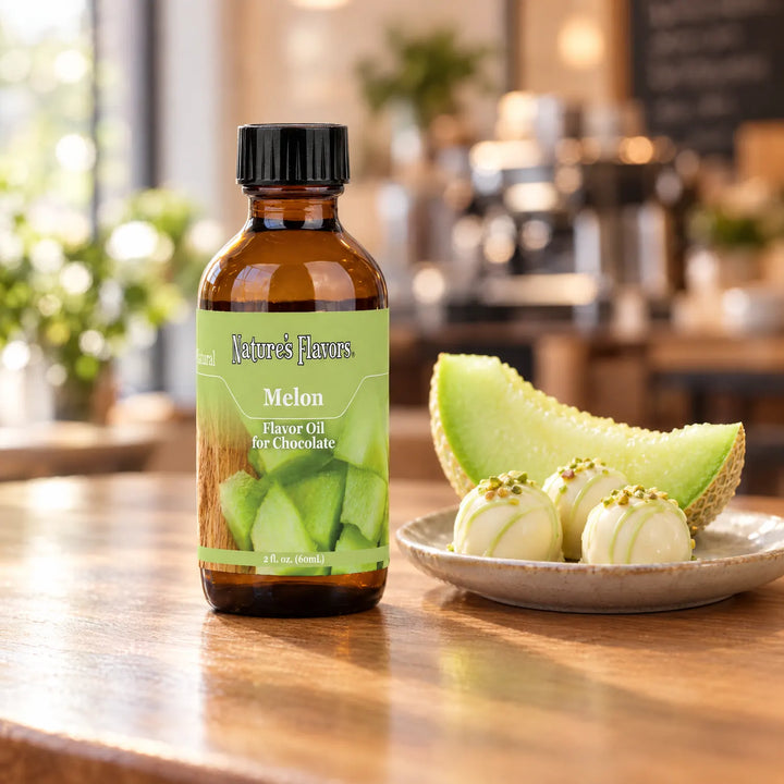 Nature's Flavors Melon Flavor Oil for Chocolate, 2-ounce bottle, with melon and white chocolate bonbons.