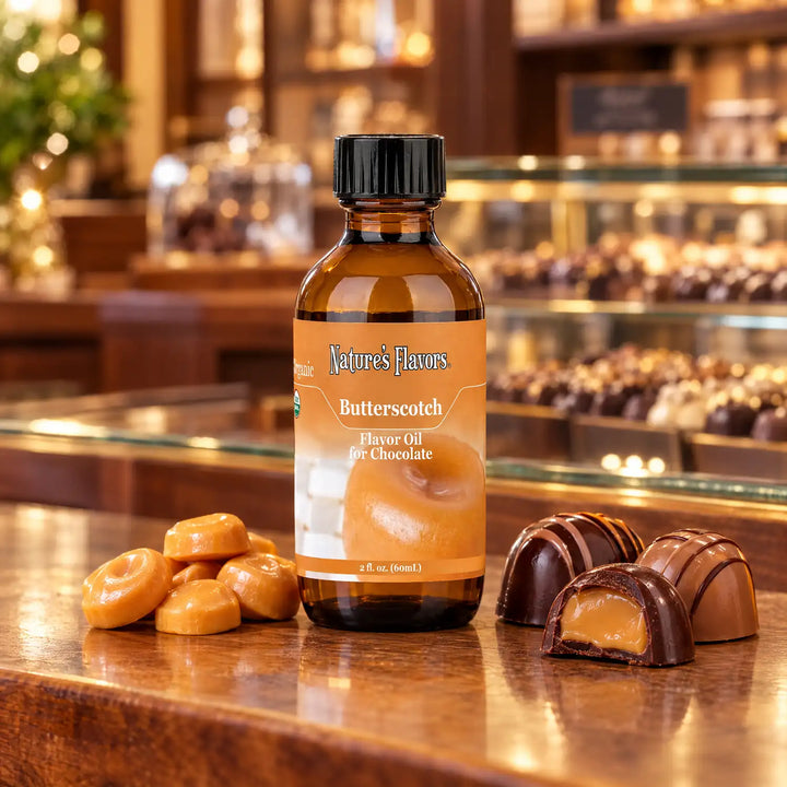 Nature's Flavors Organic Butterscotch Flavor Oil For Chocolate, 2-ounce bottle, with butterscotch candy and chocolate bonbons.