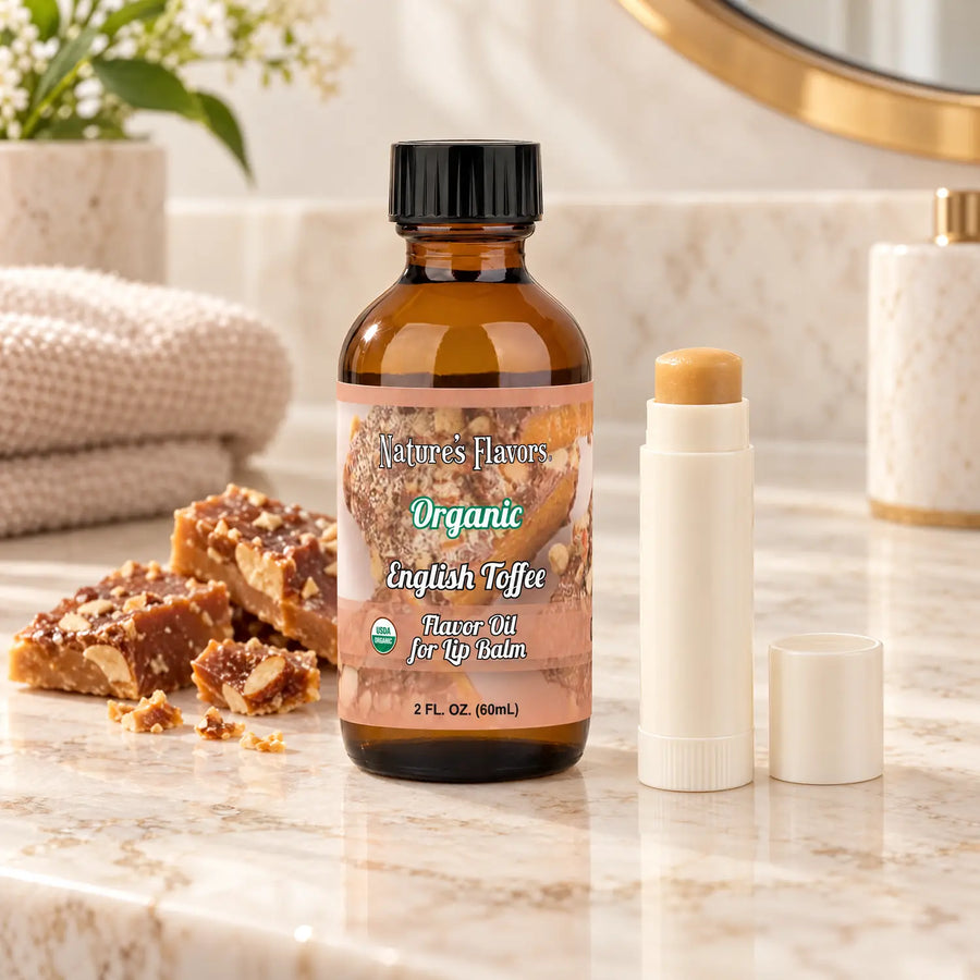 Nature's Flavors Organic English Toffee Flavor Oil for Lip Balm, 2 oz bottle with flavor cues and an open lip-balm tube.
