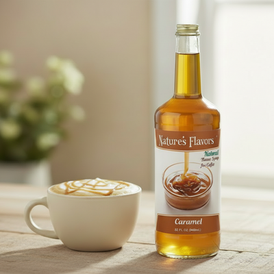 Bottle of Nature's Flavors Caramel syrup next to a cup of coffee on a wooden table.