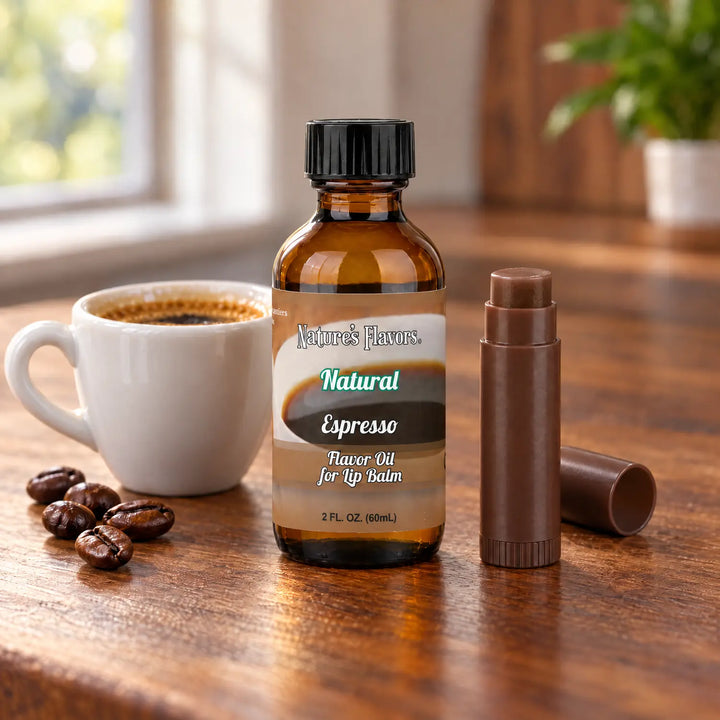 Nature's Flavors Espresso Flavor Oil for Lip Balm, 2 oz amber bottle with flavor-matched ingredients and an open lip balm.