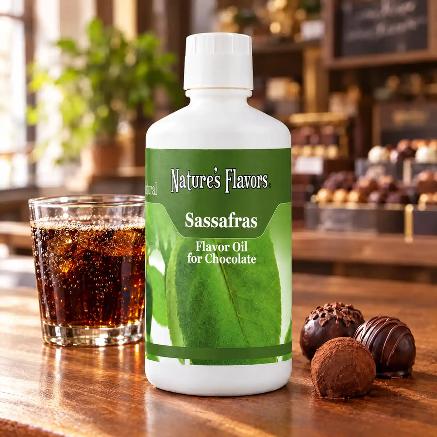 Nature's Flavors Sassafras Flavor Oil for Chocolate, 32-ounce bottle, with sassafras soda and chocolate truffles.