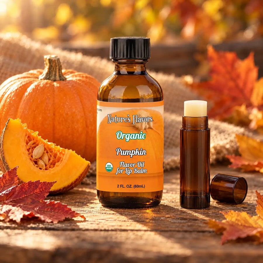 Nature's Flavors Organic Pumpkin Flavor Oil for Lip Balm, 2 oz amber bottle with flavor-matched ingredients and an open lip balm.