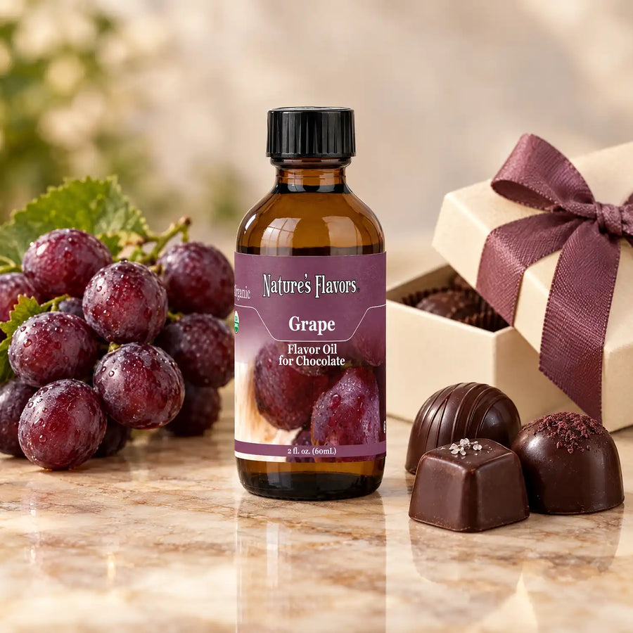 Nature's Flavors Organic Grape Flavor Oil For Chocolate, 2-ounce bottle, with grapes and boxed chocolate bonbons.