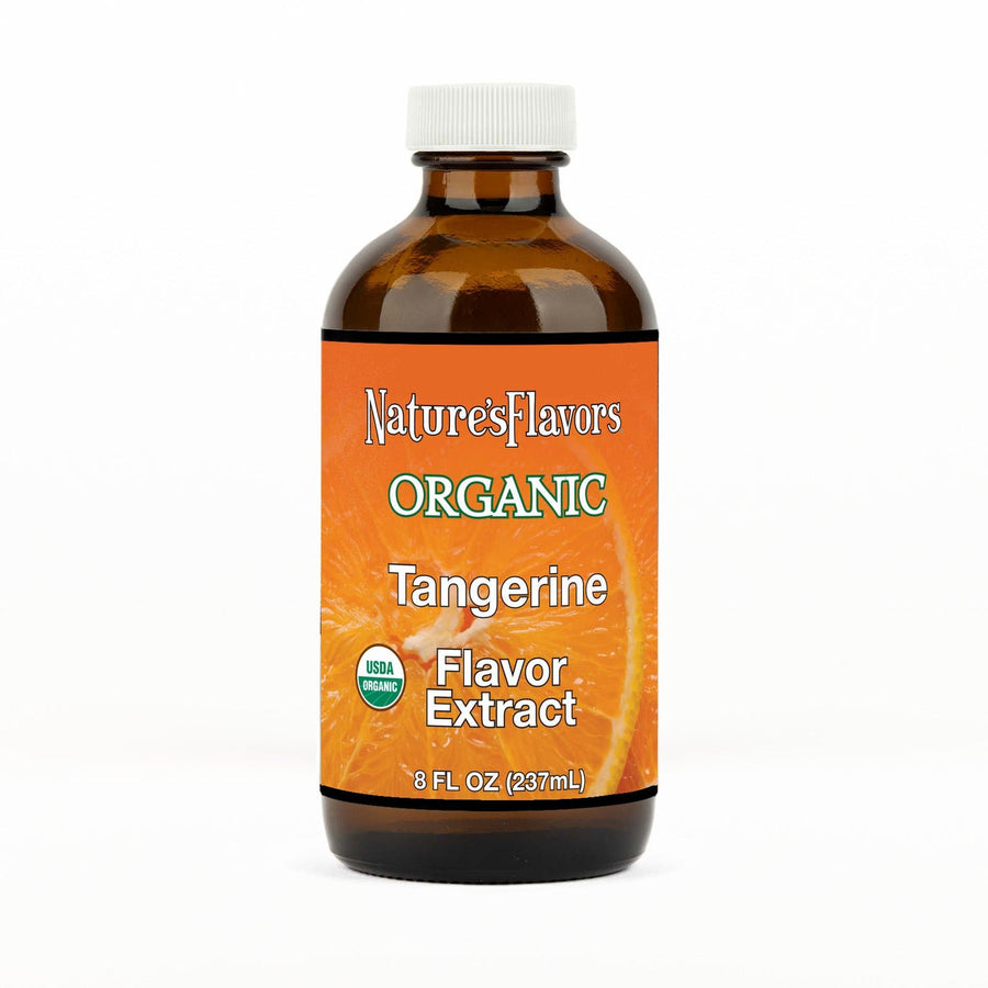 An 8 fl oz amber glass bottle of Nature's Flavors Tangerine Flavor Extract, Organic with a white cap, centered on a white background.