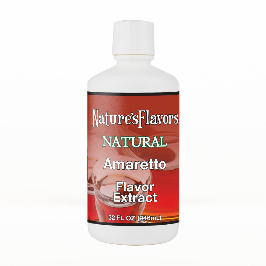 A 32 fl oz white plastic bottle of Nature's Flavors Amaretto Flavor Extract, Natural with a white cap, centered on a white background.