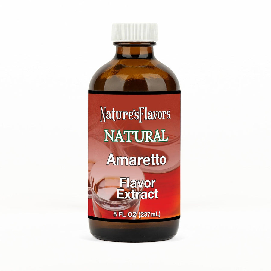 An 8 fl oz amber glass bottle of Nature's Flavors Amaretto Flavor Extract, Natural with a white cap, centered on a white background.