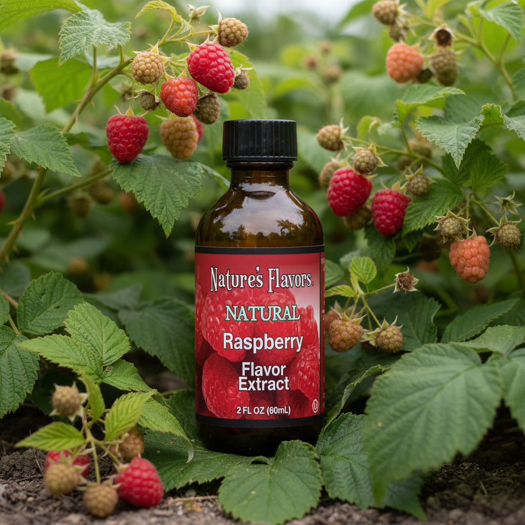 Bottle of Nature's Flavors Natural Raspberry Flavor Extract surrounded by raspberries and leaves.