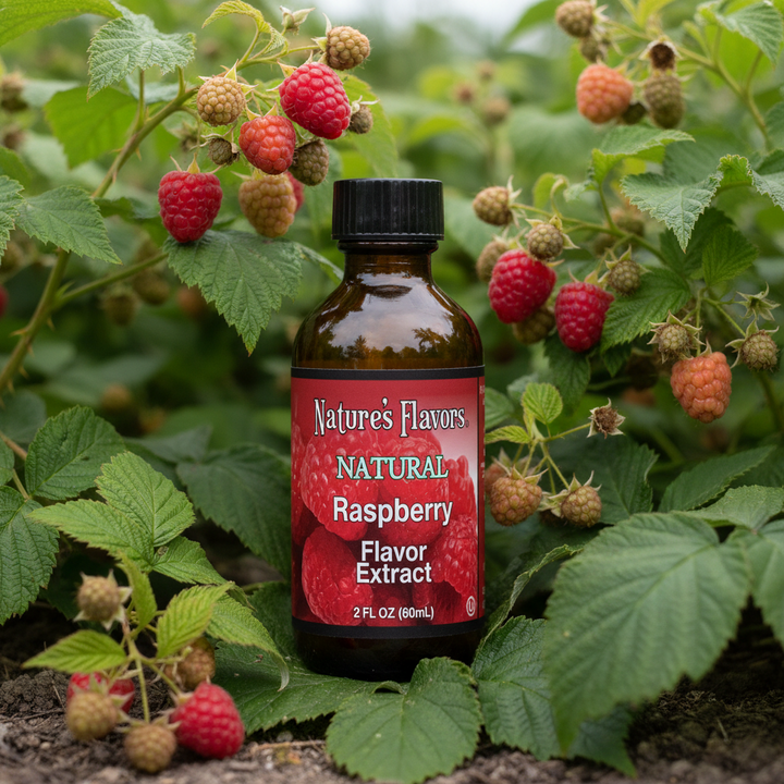 Bottle of Nature's Flavors Natural Raspberry Flavor Extract surrounded by raspberries and leaves.