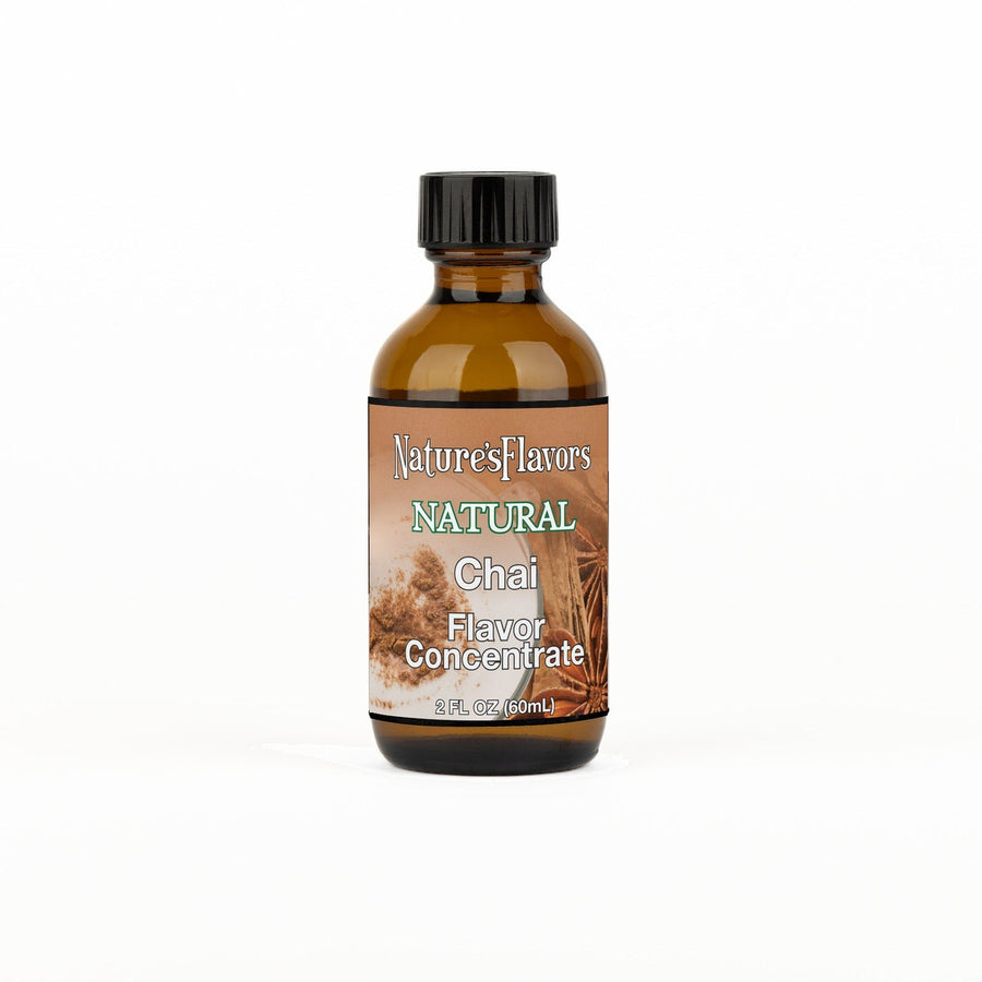 A 2 fl oz amber glass bottle of Nature's Flavors Chai Flavor Concentrate Without Diacetyl with a black cap, centered on a white background.