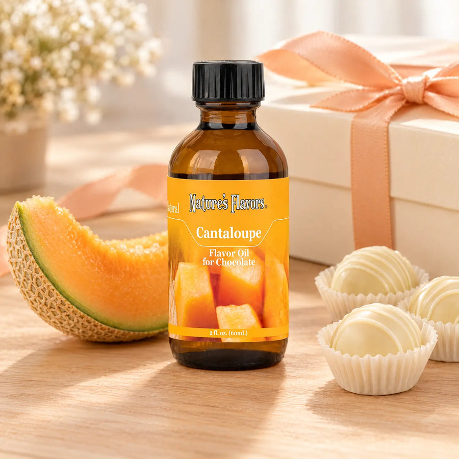 Nature's Flavors Cantaloupe Flavor Oil for Chocolate, 2-ounce bottle, with cantaloupe and boxed white chocolate bonbons.