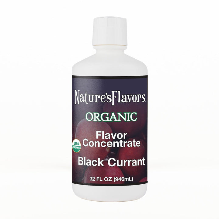 A 32 fl oz white plastic bottle of Nature's Flavors Organic Flavor Concentrate without Diacetyl, Black Currant with a white cap, centered on a white background.