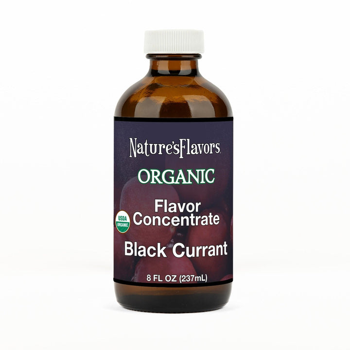An 8 fl oz amber glass bottle of Nature's Flavors Organic Flavor Concentrate without Diacetyl, Black Currant with a white cap, centered on a white background.