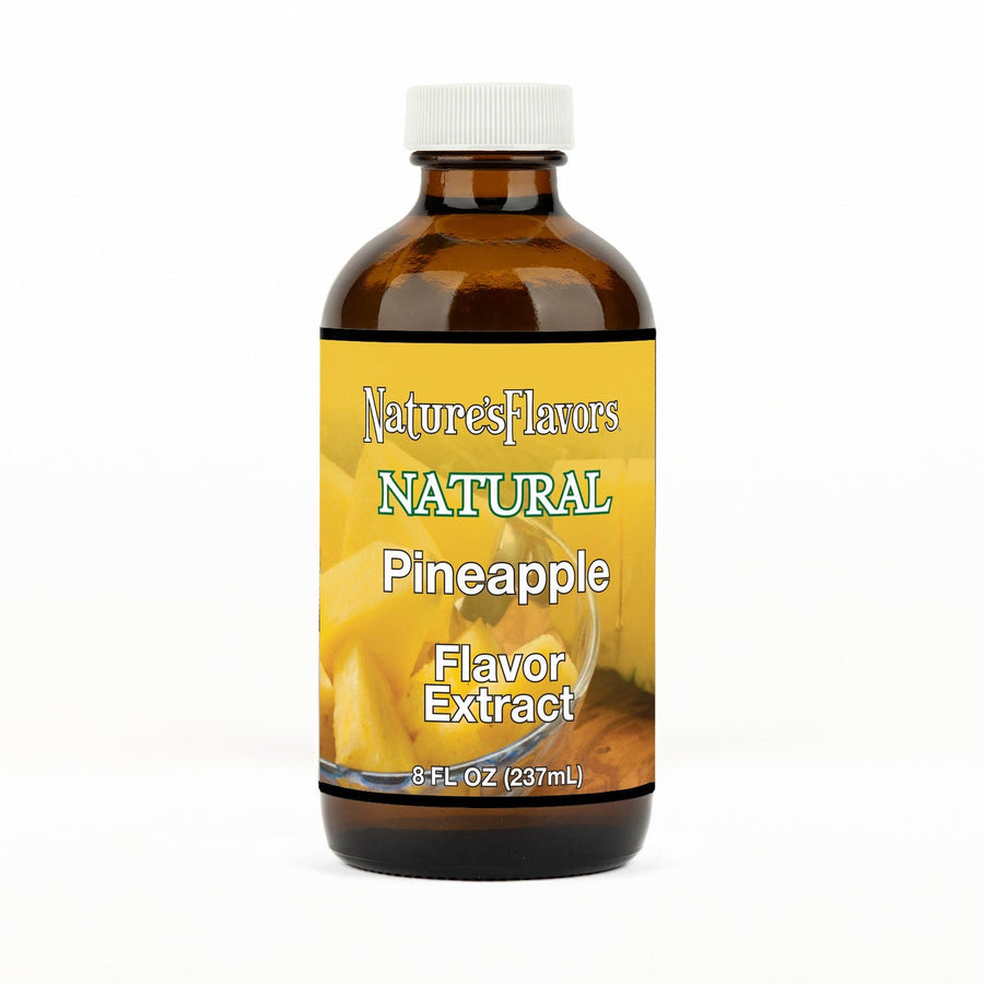 An 8 fl oz amber glass bottle of Nature's Flavors Pineapple Flavor Extract Without Diacetyl with a white cap, centered on a white background.