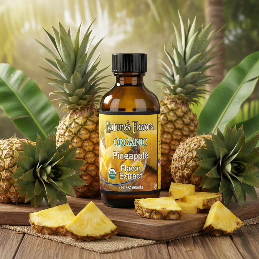 Bottle of Nature's Flavors Organic Pineapple Flavor Extract surrounded by pineapples on a wooden surface.