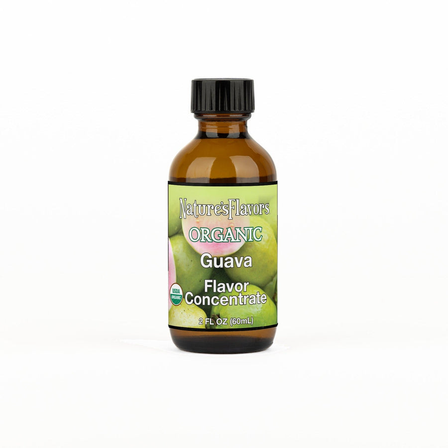 A 2 fl oz amber glass bottle of Nature's Flavors Organic Guava Flavor Concentrate Without Diacetyl with a black cap, centered on a white background.