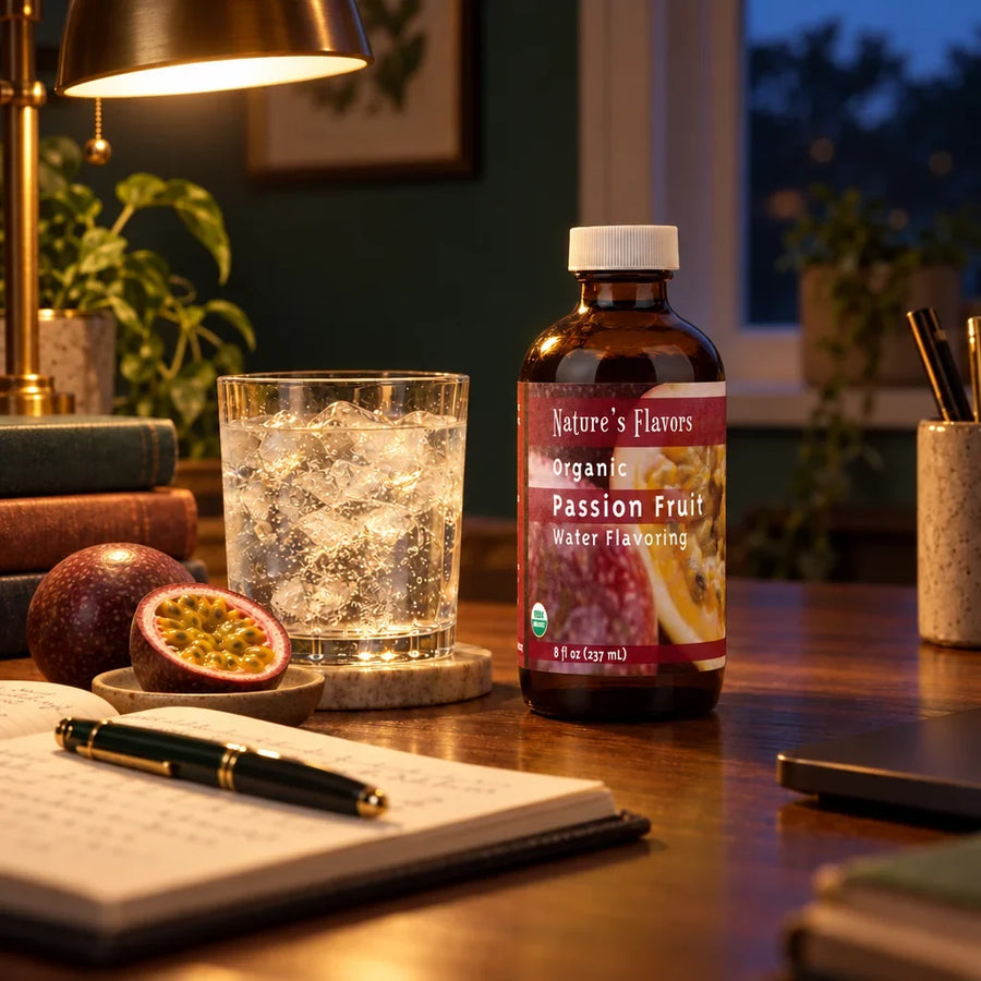 8 oz bottle of Nature's Flavors Organic Passion Fruit Water Flavoring on an evening study desk beside a glass of sparkling water and a halved passion fruit