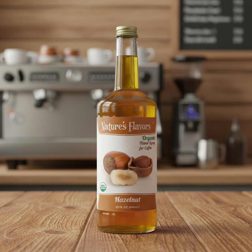 Hazelnut coffee syrup on the counter in a coffee shop setting
