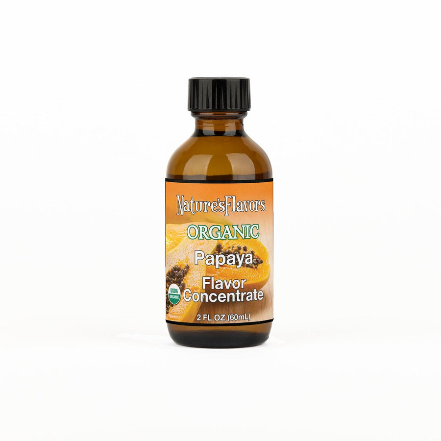 A 2 fl oz amber glass bottle of Nature's Flavors Papaya Flavor Concentrate Without Diacetyl Organic with a black cap, centered on a white background.