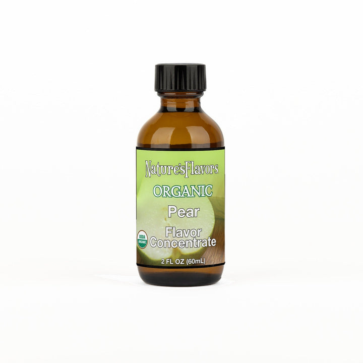 A 2 fl oz amber glass bottle of Nature's Flavors Organic Pear Flavor Concentrate Without Diacetyl with a black cap, centered on a white background.