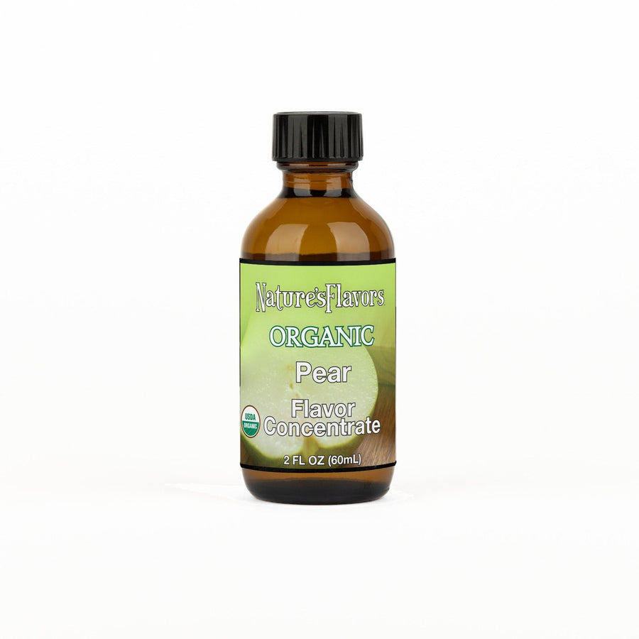 A 2 fl oz amber glass bottle of Nature's Flavors Organic Pear Flavor Concentrate Without Diacetyl with a black cap, centered on a white background.
