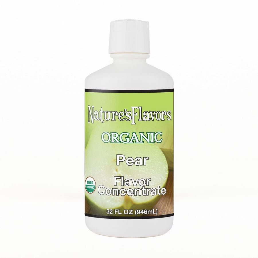 A 32 fl oz white plastic bottle of Nature's Flavors Organic Pear Flavor Concentrate Without Diacetyl with a white cap, centered on a white background.