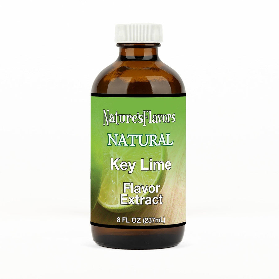An 8 fl oz amber glass bottle of Nature's Flavors Key Lime Flavor Extract Without Diacetyl with a white cap, centered on a white background.