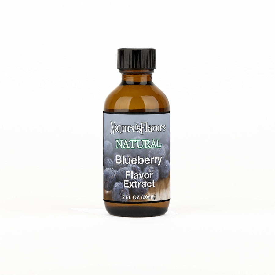 A 2 fl oz amber glass bottle of Nature's Flavors Blueberry Flavor Extract Without Diacetyl with a black cap, centered on a white background.