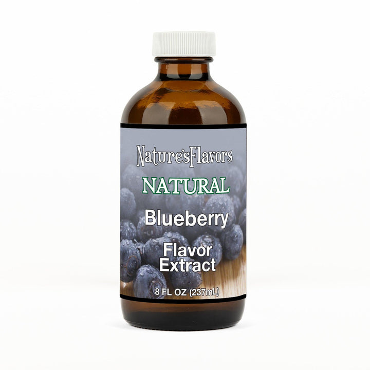 An 8 fl oz amber glass bottle of Nature's Flavors Blueberry Flavor Extract Without Diacetyl with a white cap, centered on a white background.