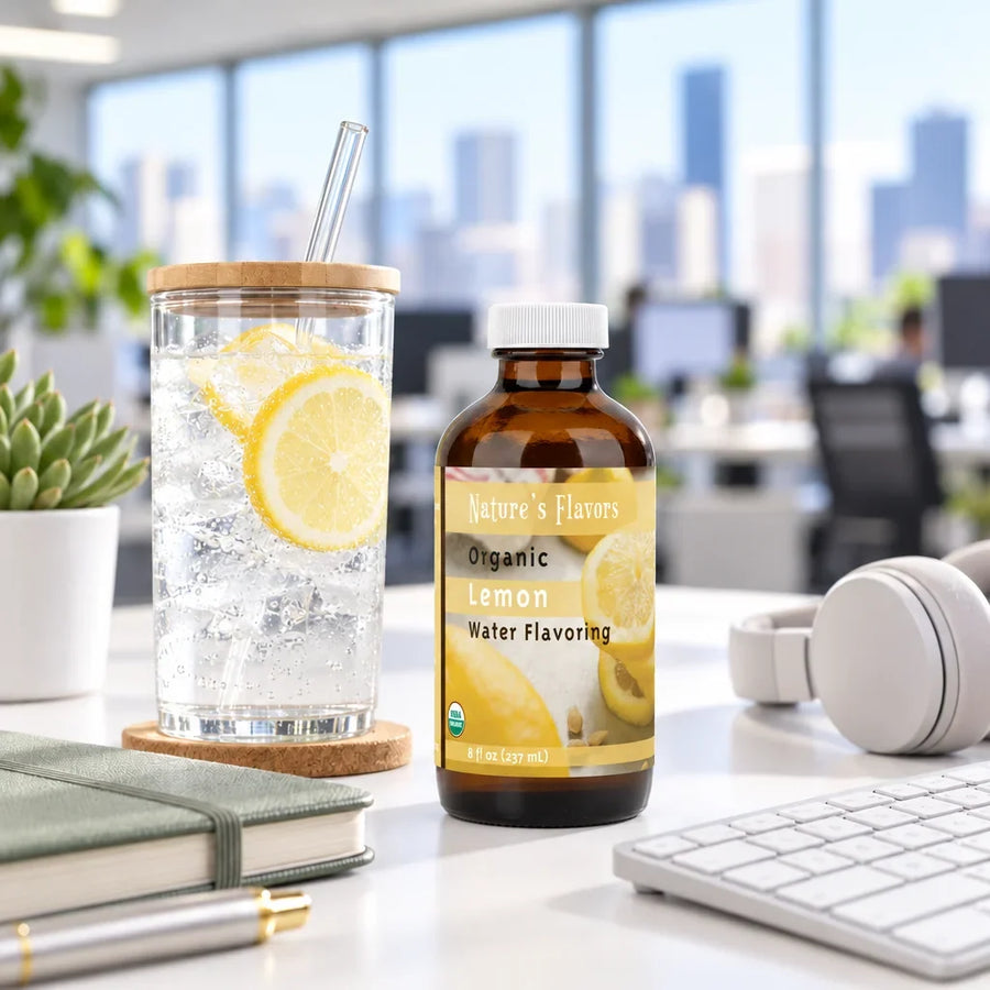 8 oz bottle of Nature's Flavors Organic Lemon Water Flavoring on an office desk beside a glass tumbler of sparkling water with lemon slices